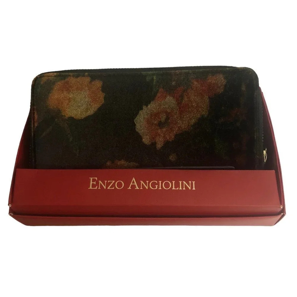Enzo ANGIOLINI Women's Fabric Floral Flowers Black & Red Zip Around Wallet NIB